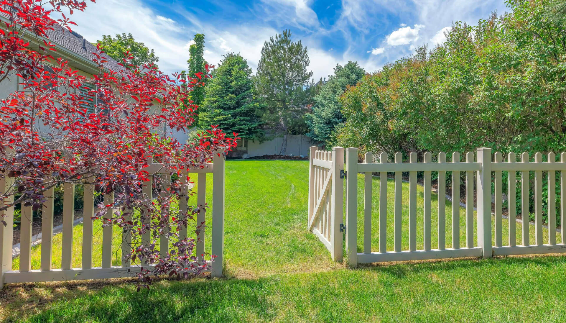 A functional fence gate providing access to a well-maintained backyard, surrounded by a wooden fence in Lubbock